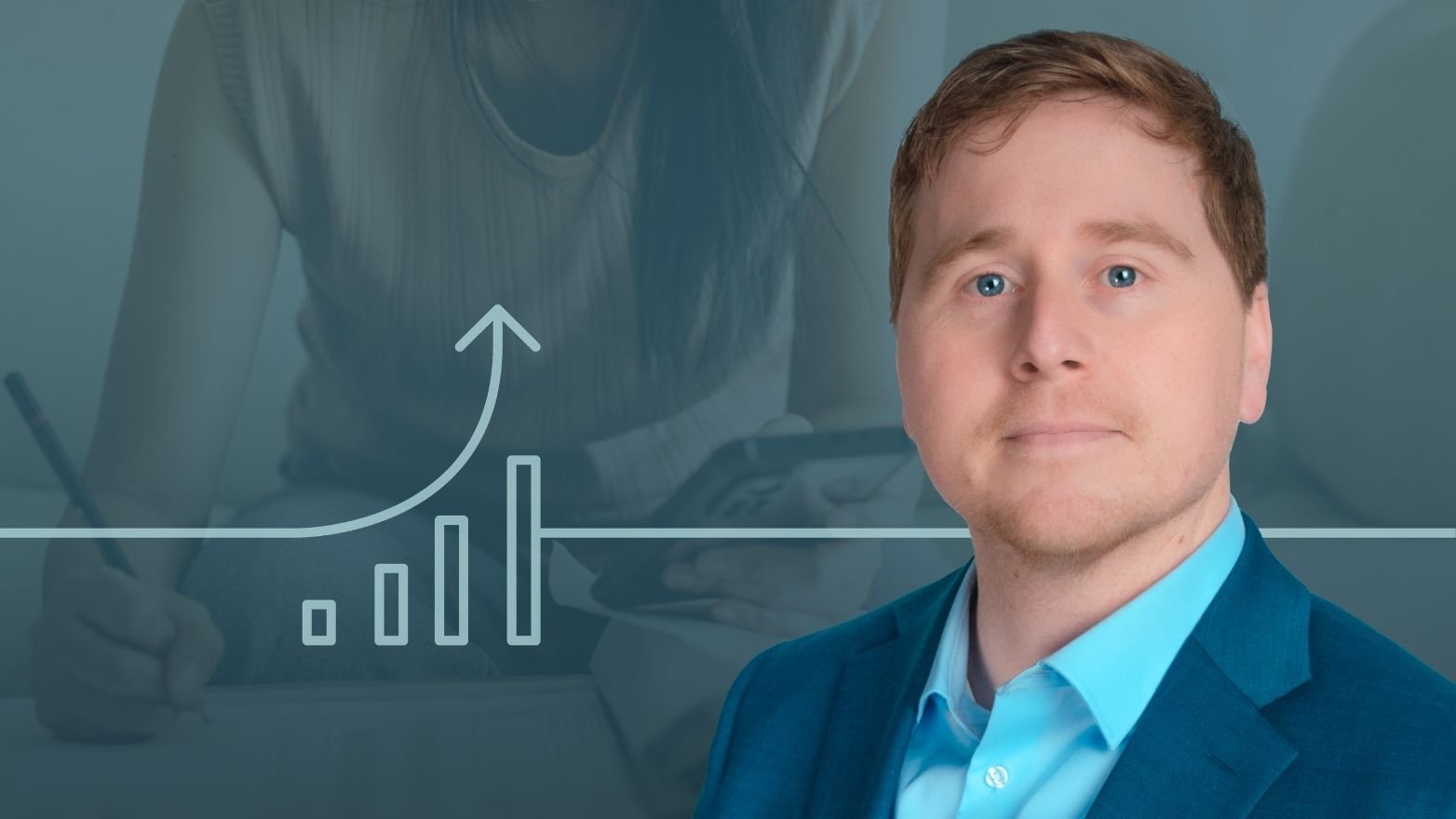 Professional in blue collared shirt with upward trending market growth chart graphic overlay showing ascending bar graph with arrow indicating positive market momentum