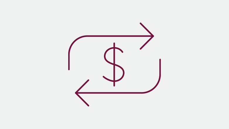 dollar sign being transferred back and forth icon in the color burgundy