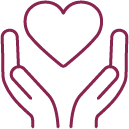 burgundy icon of two hands with a heart between them