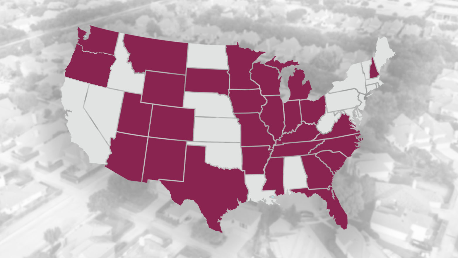 A stylized map of the contiguous United States. Certain states are filled in with a deep burgundy color, while others are light gray. The map is superimposed on a faded, aerial view of a suburban neighborhood with houses and trees.