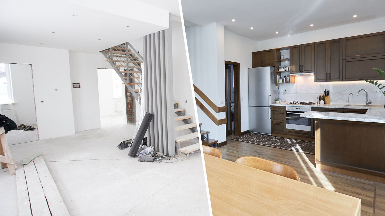 Split image of a home renovation: left side shows a room under construction with bare concrete floors and an unfinished staircase; right side shows the same space completed as a modern kitchen with dark wood cabinets, wood floors, and a dining table.