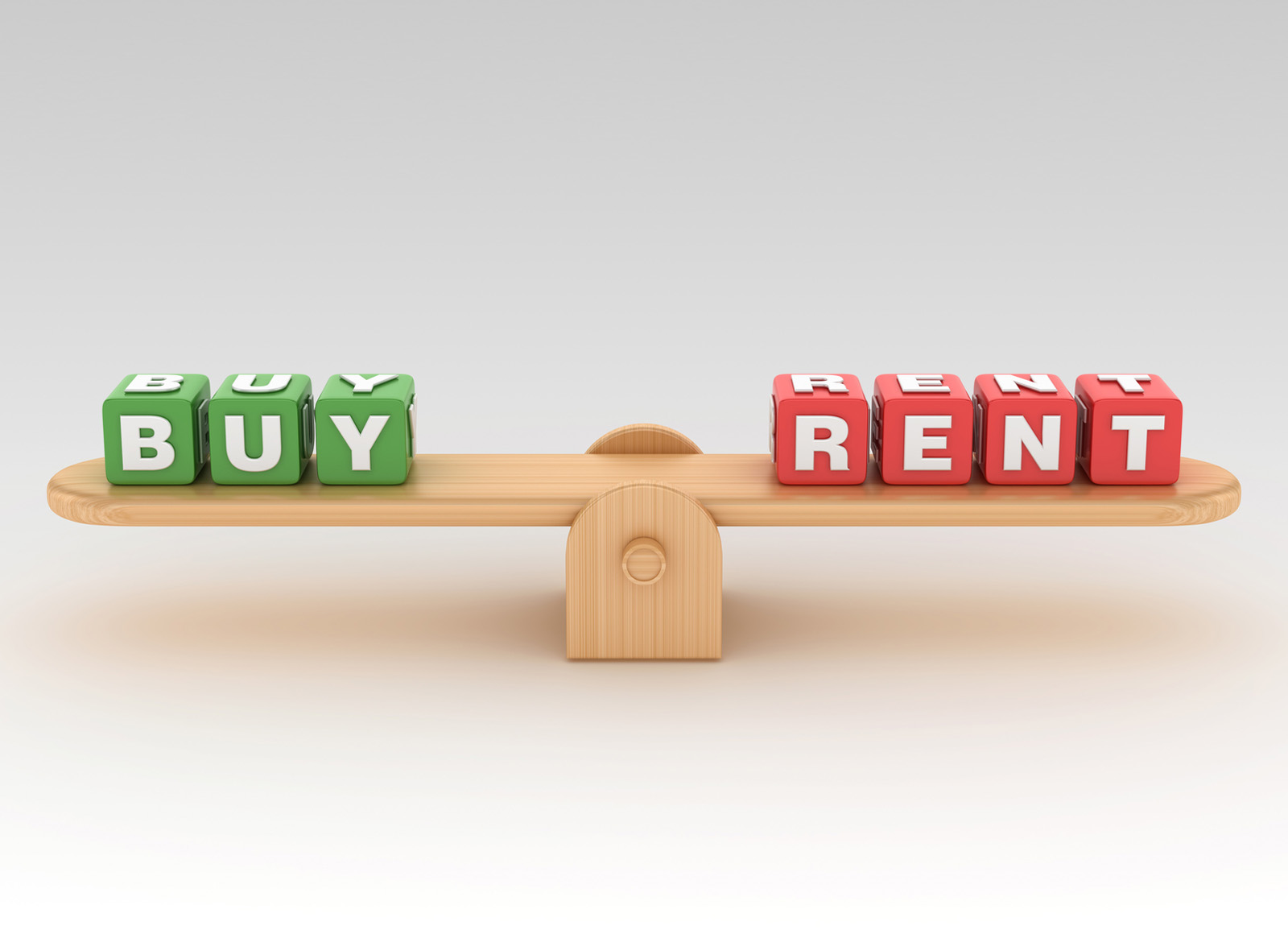 A wooden seesaw balanced with green "BUY" blocks on one side and red "RENT" blocks on the other.