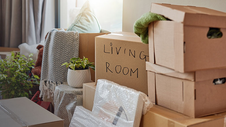 Packed moving boxes labeled in living room.