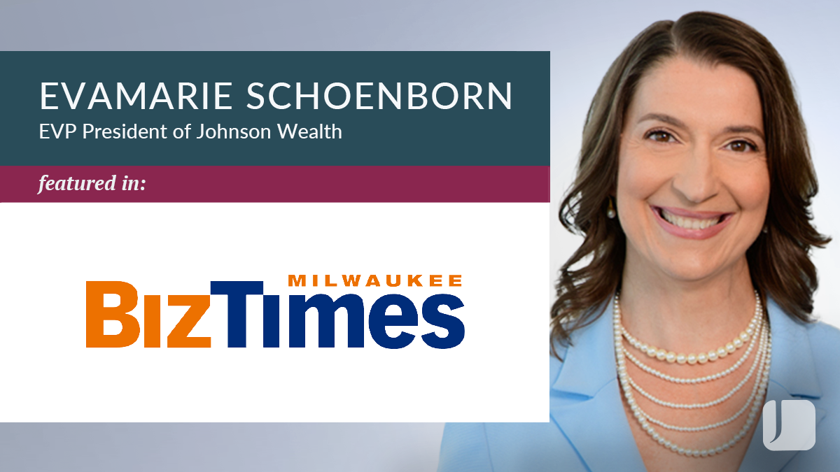 Evamarie Schoenborn, President of Johnson Wealth next to BizTime's Logo