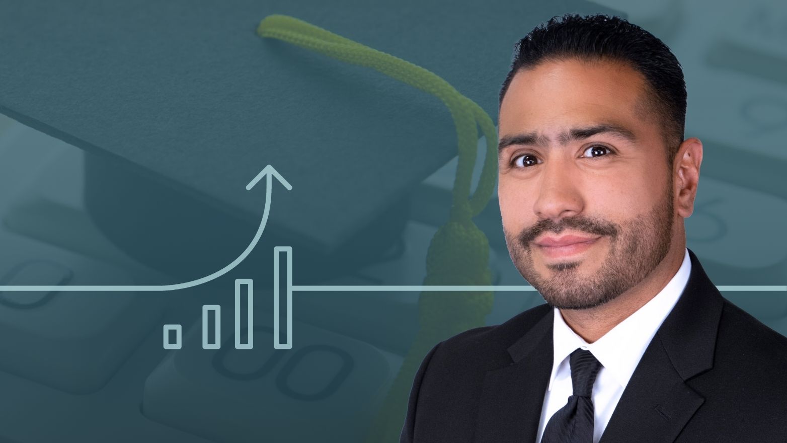 Eric Bernal's headshot layered over an image of a graduation cap.