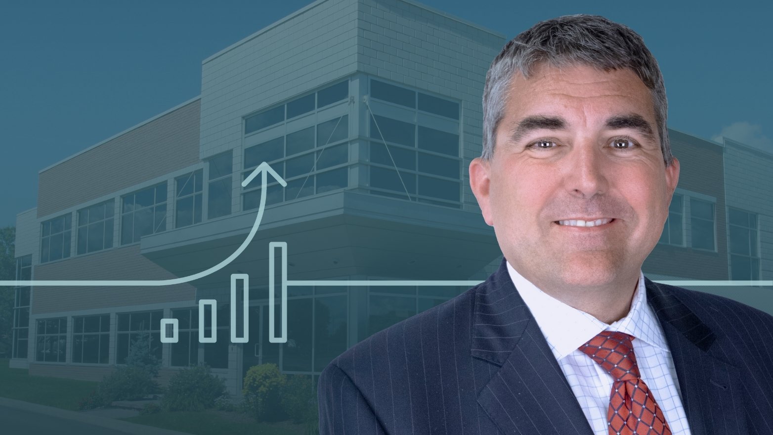 A business portrait features a smiling man in a suit and tie, superimposed over a modern building and a rising bar graph.
