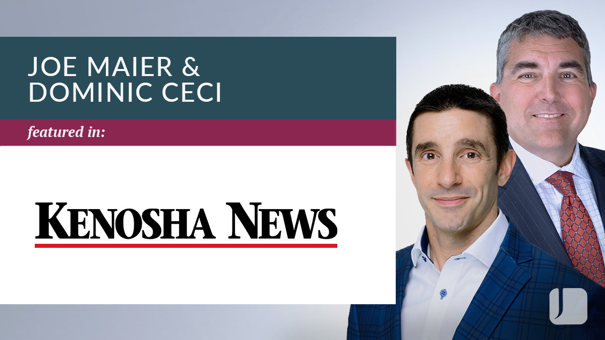 Graphic featuring two individuals beside text reading “Joe Maier & Dominic Ceci featured in Kenosha News.”