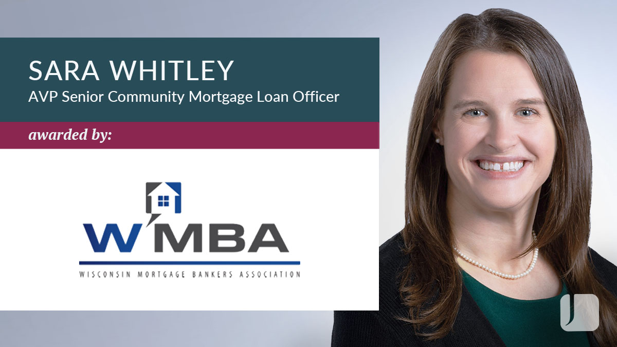 Recognition graphic with a professional portrait on the right and text on the left reading “Sara Whitley, AVP Senior Community Mortgage Loan Officer,” awarded by WMBA, the Wisconsin Mortgage Bankers Association.