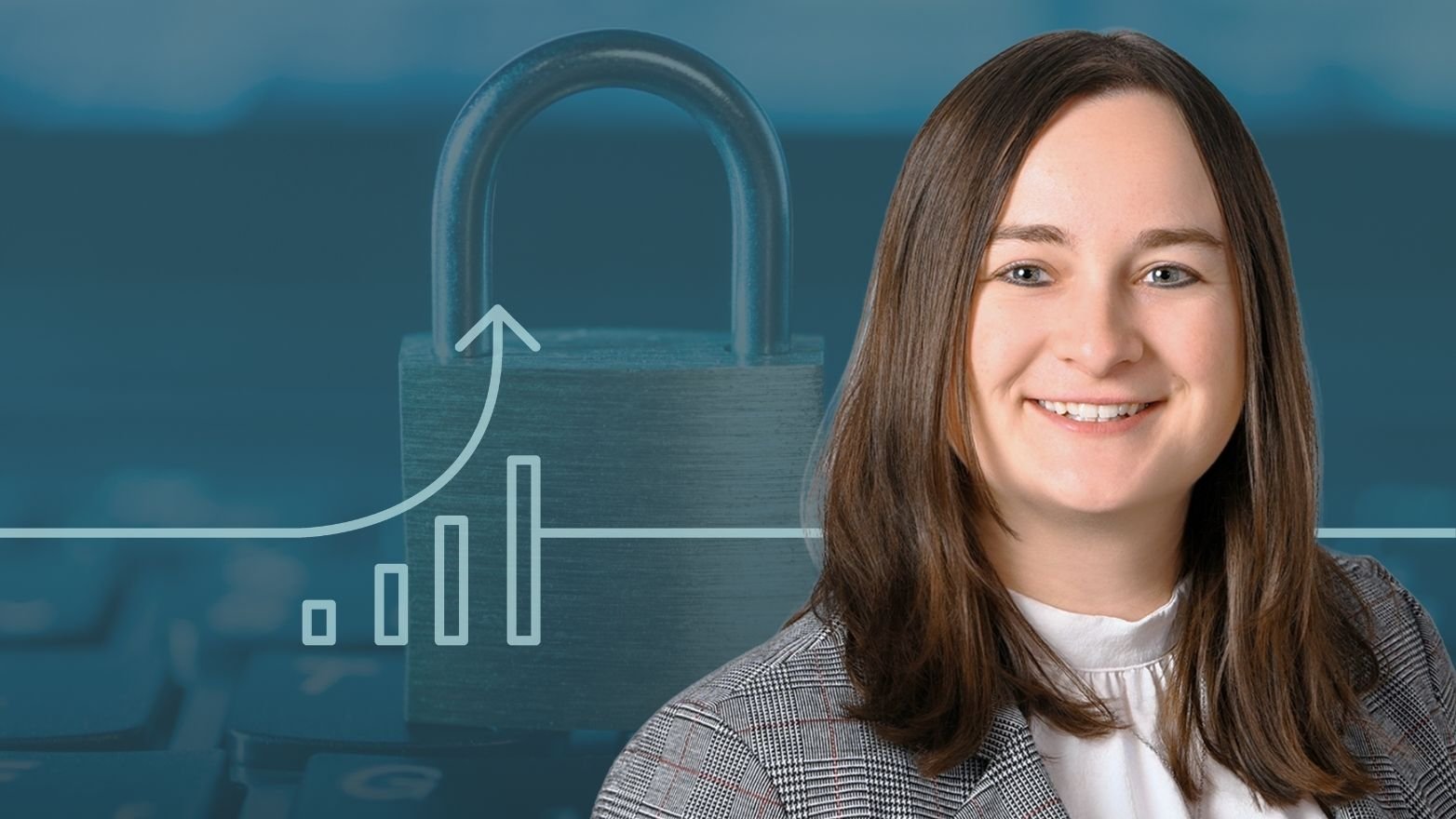 Promotional graphic featuring a professional head‑and‑shoulders portrait on the right and a background illustration of a padlock and upward‑trending bar chart over a computer keyboard.