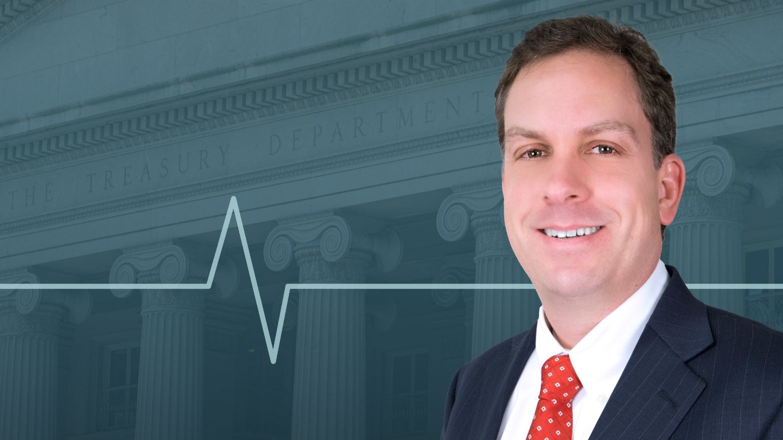 Headshot of a smiling man in a dark suit and red patterned tie, with a blue-tinted Treasury Department building and a white heartbeat line graphic in the background.