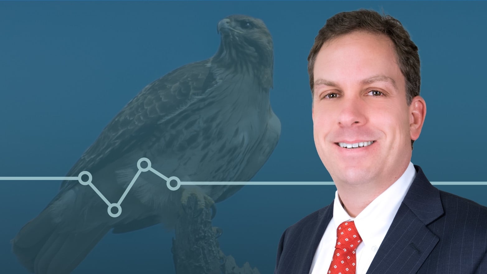 Headshot of a man in a suit with a hawk image and line chart overlay in the background, symbolizing Fed’s Warsh and a hawkish market outlook.