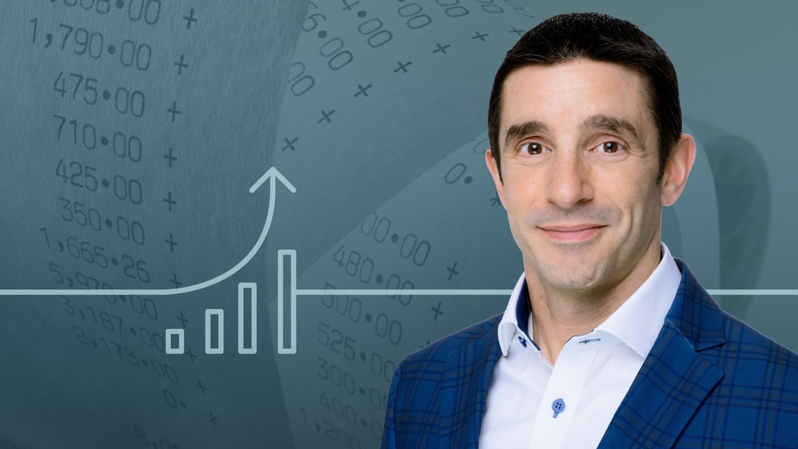 Portrait of a professional in a blue jacket with a background of receipt-style financial figures and an upward arrow graph indicating growth.