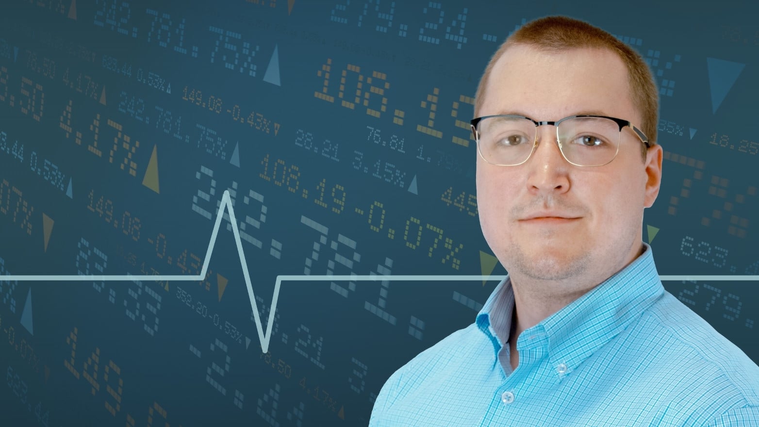Portrait of an individual in front of a stock market display, with charts and ticker data in the background.