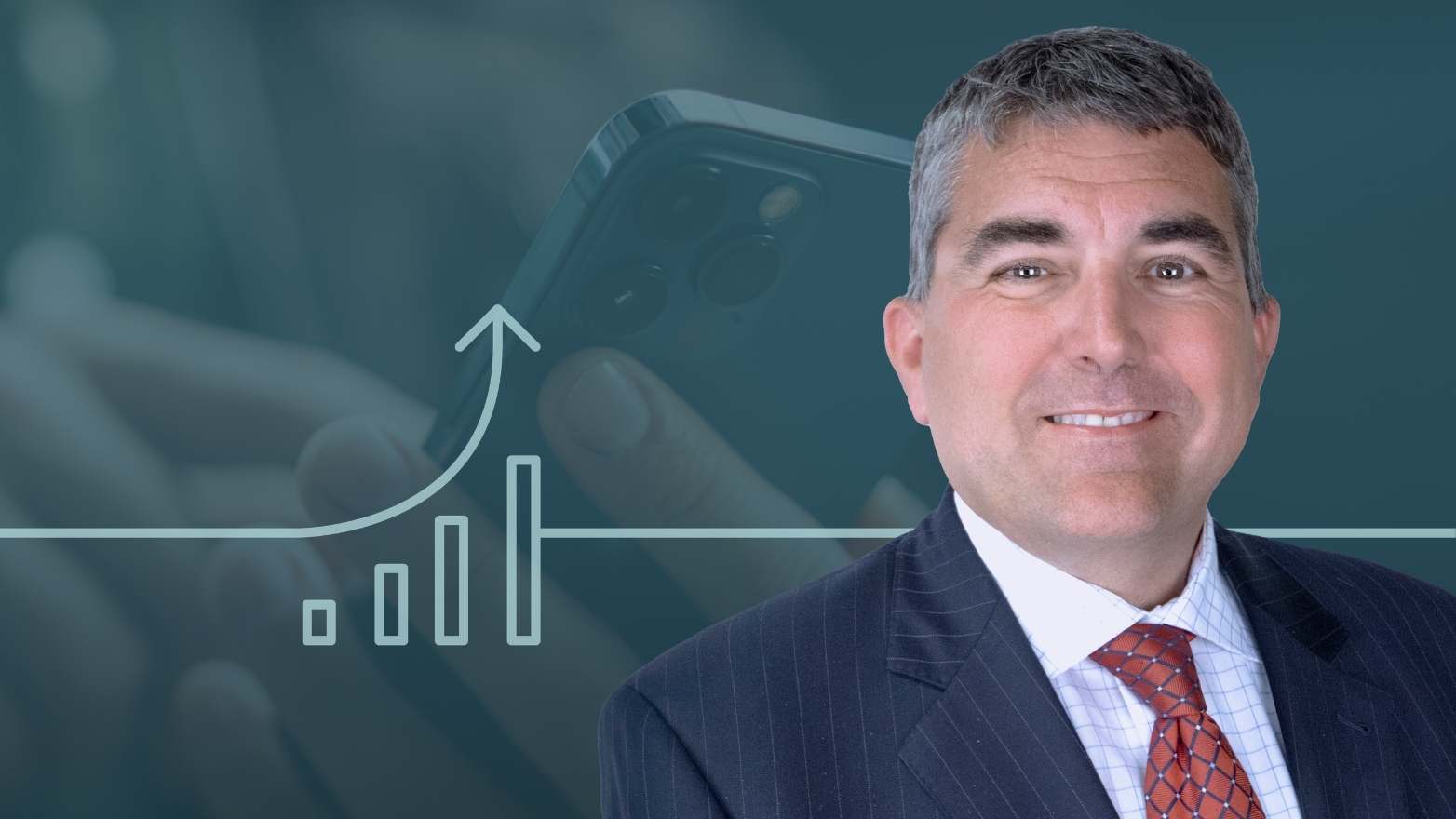 Professional headshot-style image with a person in a suit beside an upward-trending bar chart icon over a smartphone background.