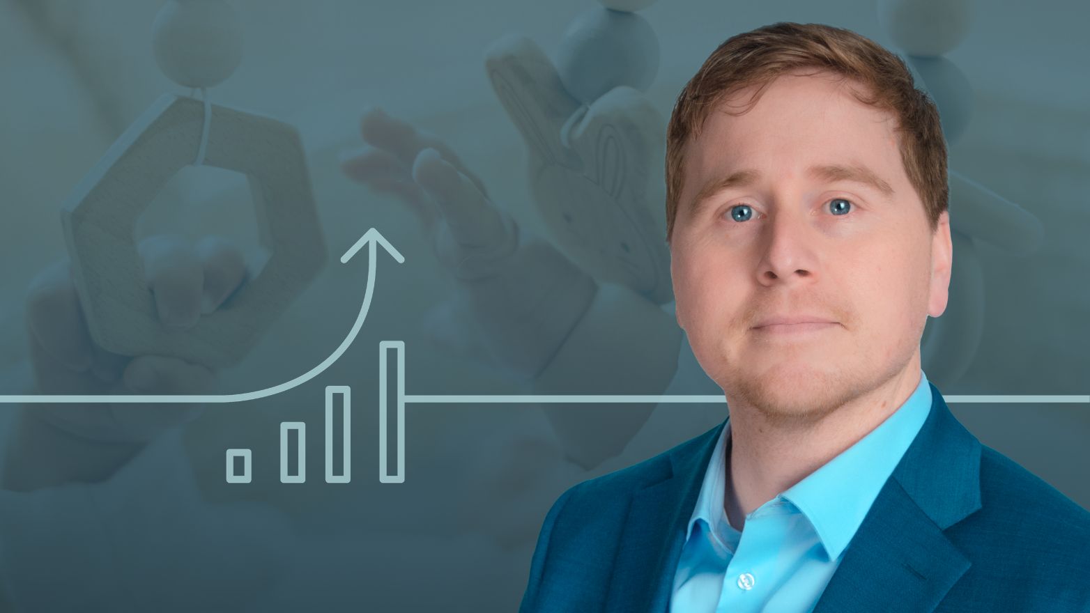 Portrait of a financial professional beside a graphic showing a rising bar chart and upward arrow, with a blurred image of a baby holding wooden toys in the background. The image accompanies content about Trump Accounts and long-term savings opportunities for children.