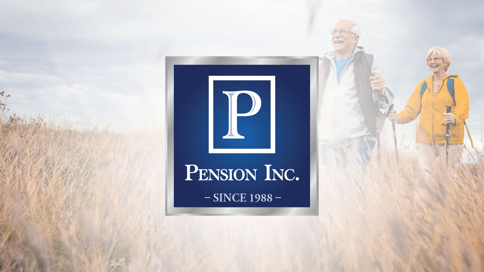 Pension Inc. logo featuring a senior couple hiking together in a scenic outdoor setting.