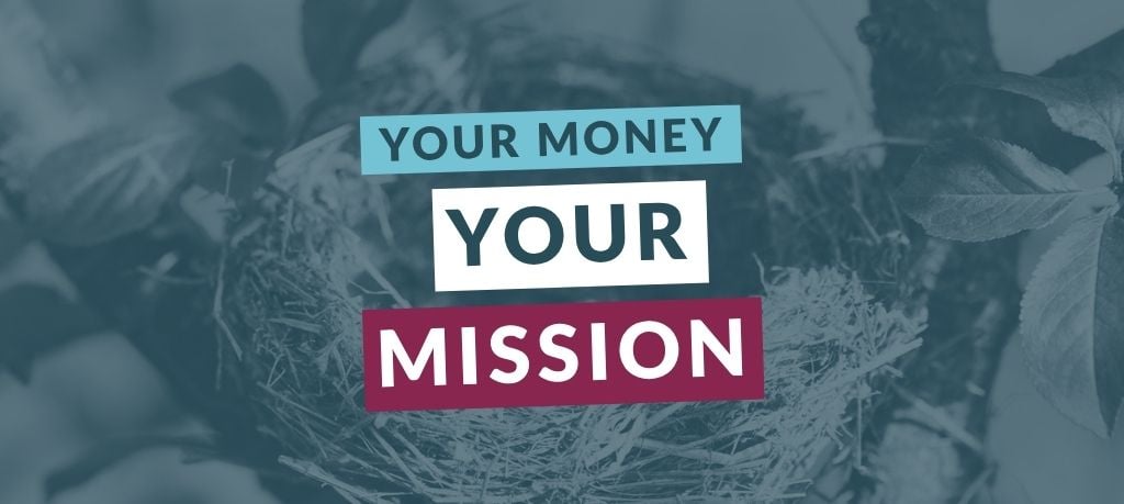 Text reading 'Your Money Your Mission' over a bird's nest background, symbolizing aligning financial resources with personal values and goals.