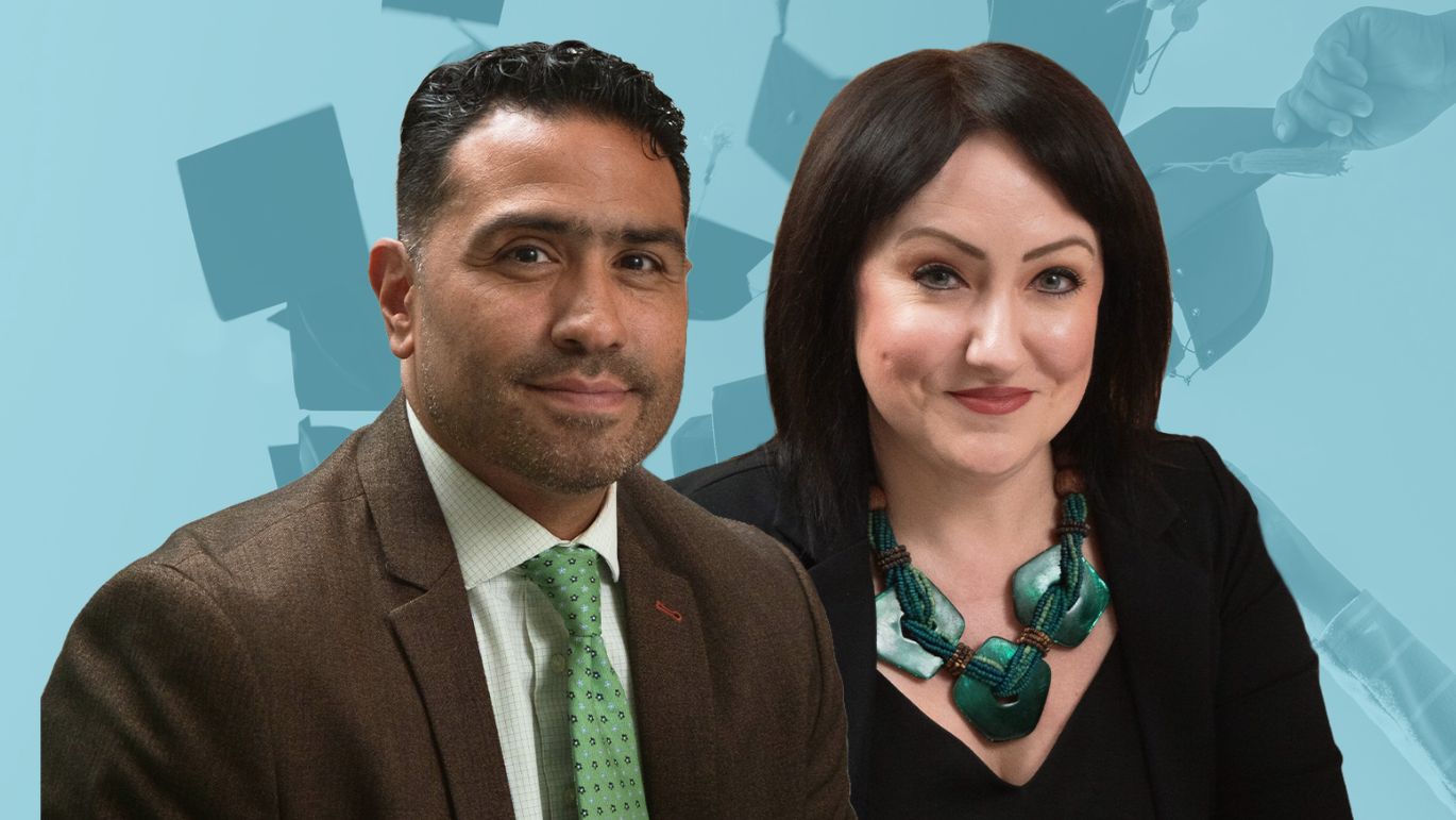 Two professionals featured in a promotional graphic about college savings and education planning, shown against a blue background with graduation-themed imagery.