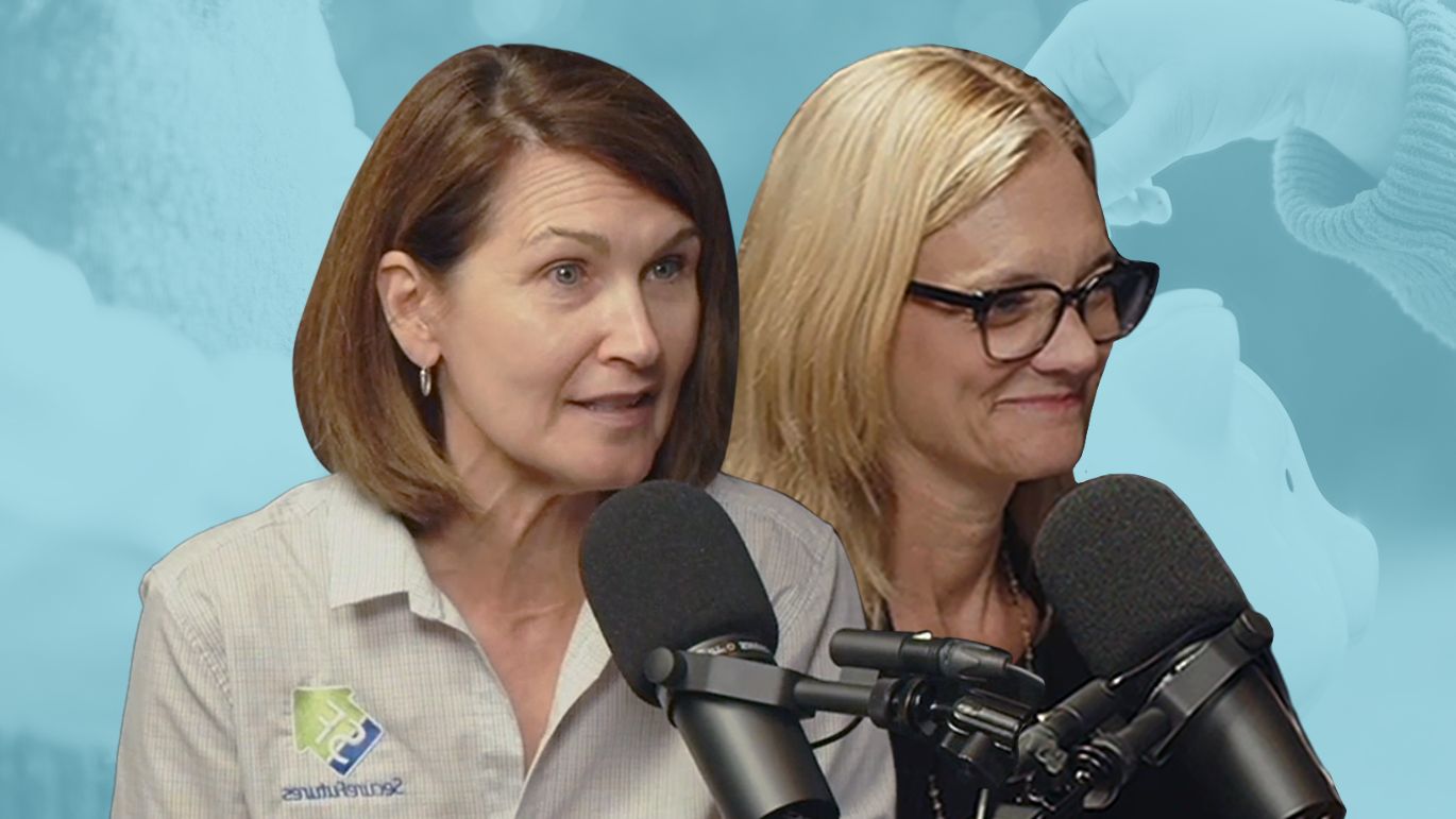 Two people speaking into microphones with a blue-toned piggy bank graphic in the background.
