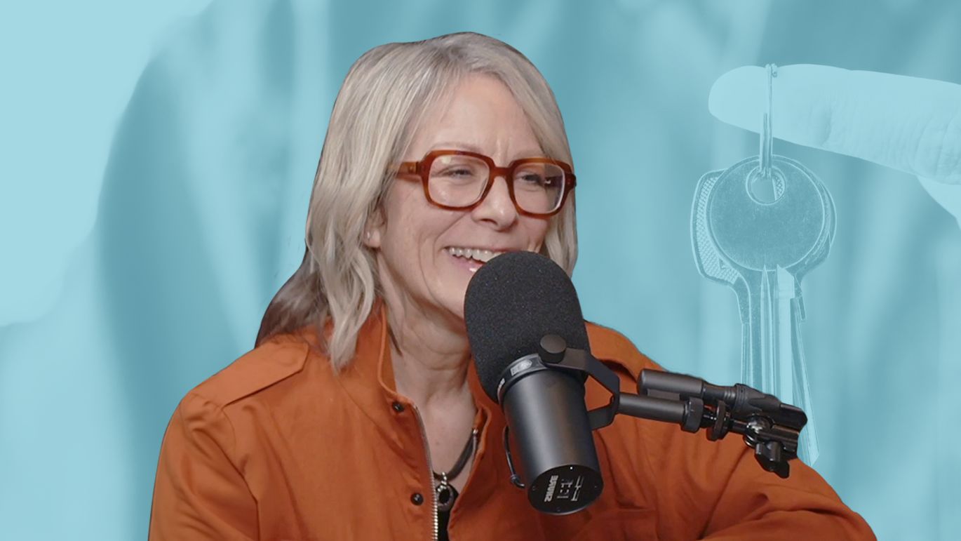 Video thumbnail featuring a person speaking into a podcast microphone, with a set of keys shown in the blue-toned background.
