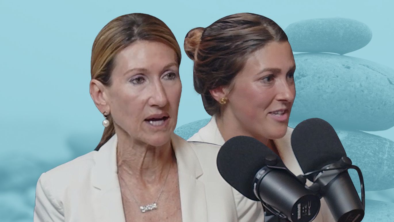 Video thumbnail featuring two people speaking into podcast microphones, with stacked balancing stones shown in the background.