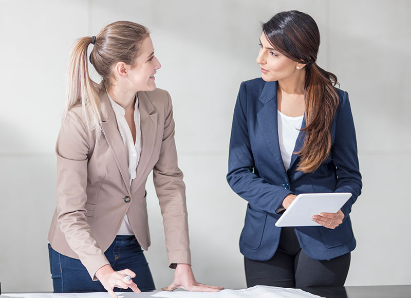 Coworkers discuss business plans at a table.