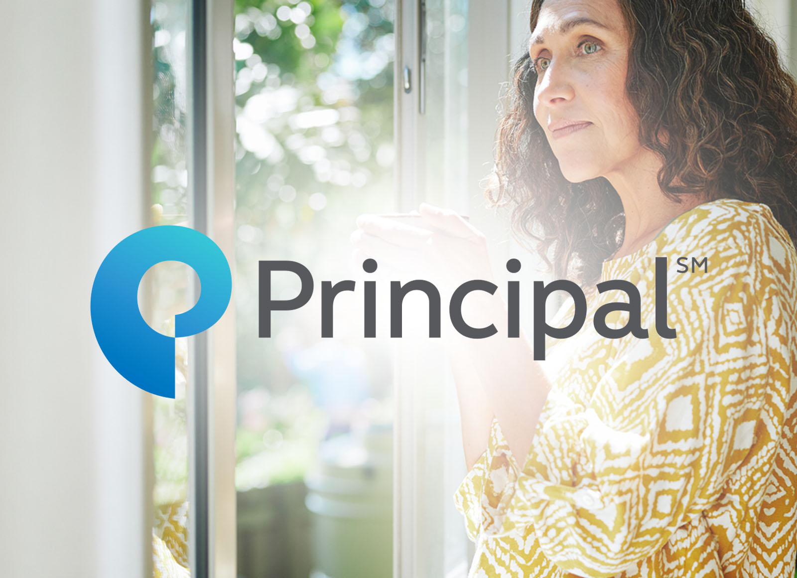 Principal Logo overlaid over an image of a woman looking out a window